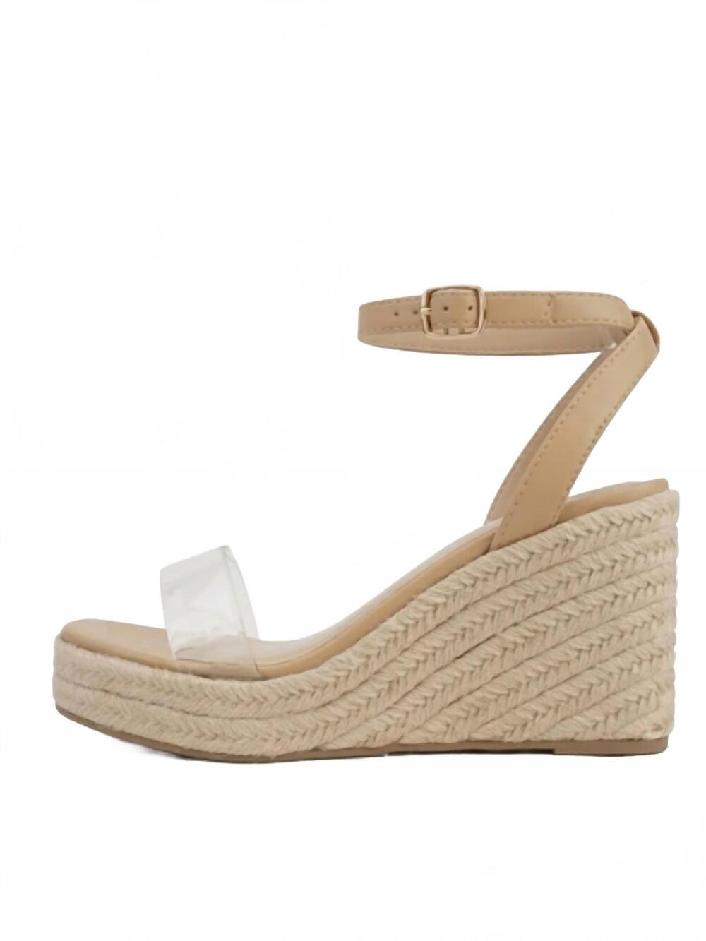 NEW LET'S SEE STYLE women's lucite espadrille wedge sandals in natural/nude